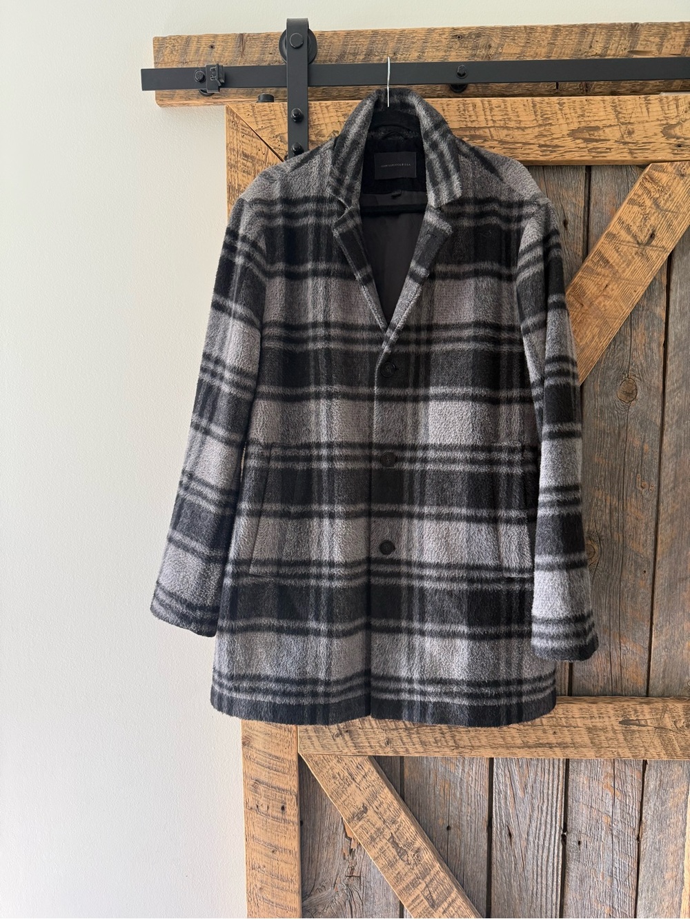 John Varvatos USA Men's Gray & Black Plaid Coat - Size L
